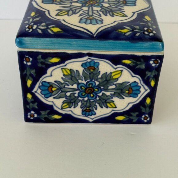World Market Ceramic Square Trinket Box With Floral Design & Blue Yellow Accents - Picture 5 of 8